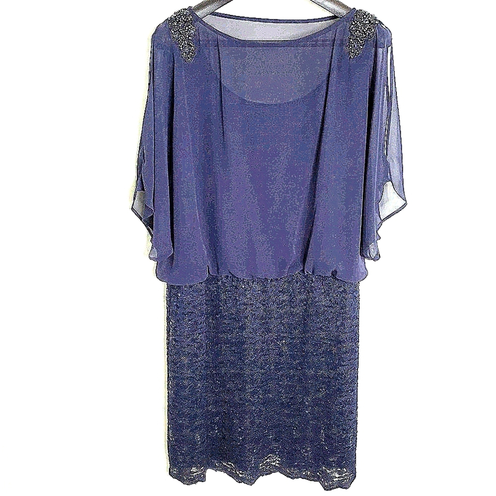 Navy Lace Sequined and Chiffon Embellished Dress